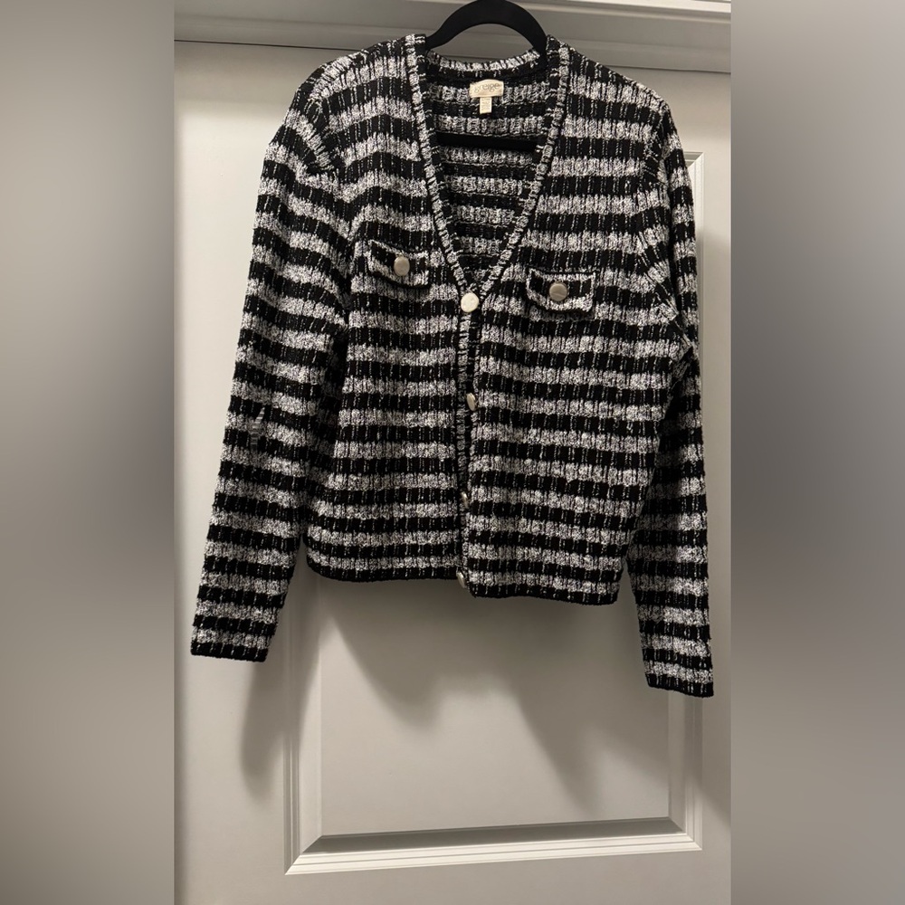 Black and White Striped Knit Cardigan Sweater